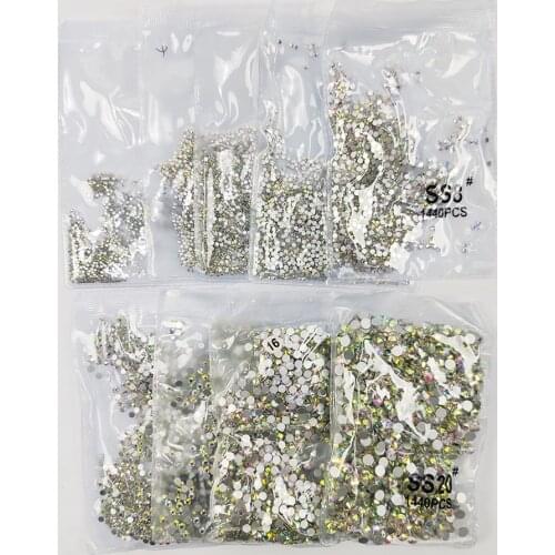 1pack Holigraphic Nail Rhinestone Crystal AB Color 1440Pcs 1.3mm-8.6mm Non Hotfix Flatback Rhinestones 3D Nail Art Decorations