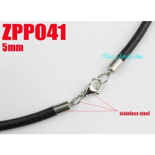 14"-38") 5mm black real leather necklace stainless steel accessories jewelry DIY parts 20pcs ZPP041