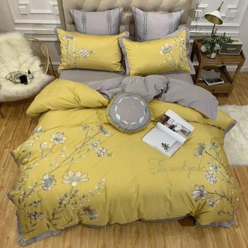 Luxury 80S Egyptian cotton Embroidered Bedding sets Queen King Yellow Pastoral Duvet cover Bed sheet set Pillowcases 4/6pcs