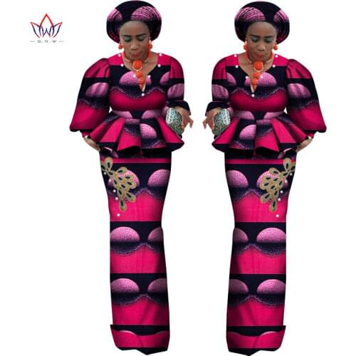 African Lantern Sleeves Print Tops and Skirt Sets for Women Bazin Riche African Clothing 2 Pieces Customize Skirts Sets WY6115