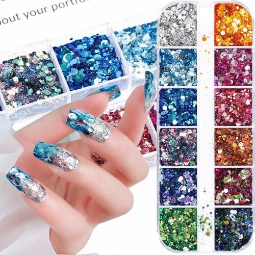 12 Grids/Box Sparkly Butterfly Hexagon Sequins Nail Paillette Mixed Colors Holo Glitter 3D Flakes Slices Nail Art Accessories