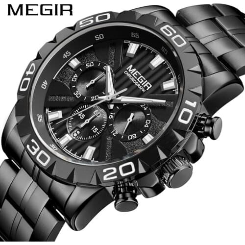 MEGIR Mens Watches Top Brand Luxury Black Stainless Steel 24 Hours Chronograph Quartz Watch Men Clock Relogio Masculino Saat