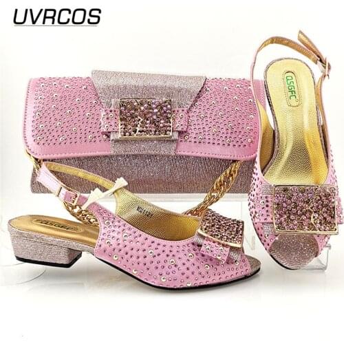 Hot Selling 2021 Italian Design Lastest Fashion Noble Party Women Shoes and Bags Decorated With Rhinestone in Pink Color