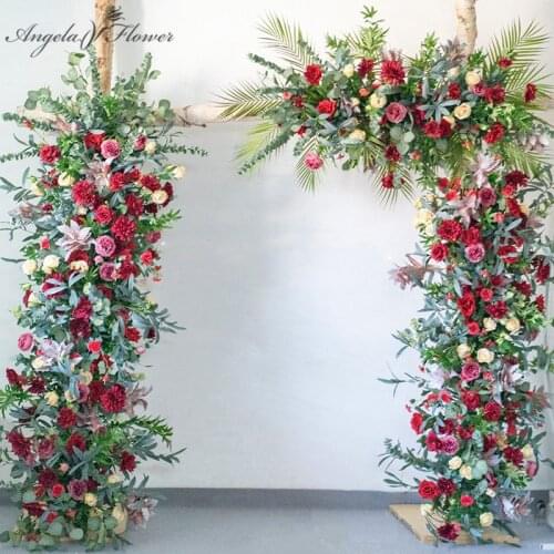 Custom wedding arch artificial flower row arrangement red blue green plants leaf birthday party decor flower ball runner wall