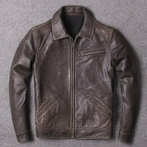 2019 mens stone wash vintage sheepskin genuine leather jacket slim fit Gatekeeper leather coat men brown leather clothing male