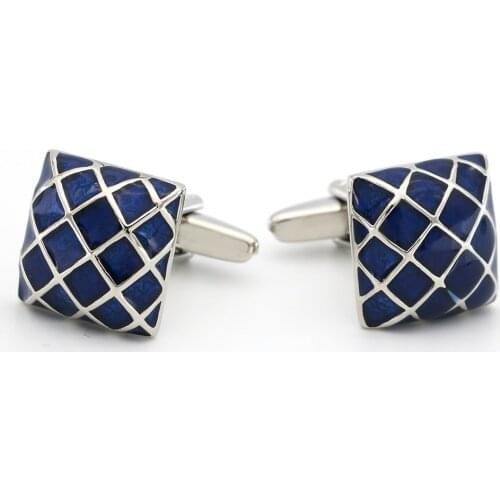 Mens Square Check Cuff Links Copper Material Blue Color