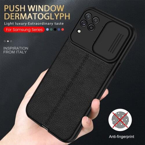 Leather texture soft silicone push pull camera protect case for samsung m12 m32 a02 a12 a22 a32 a42 a52 a72 a21s a51 a71 fundas