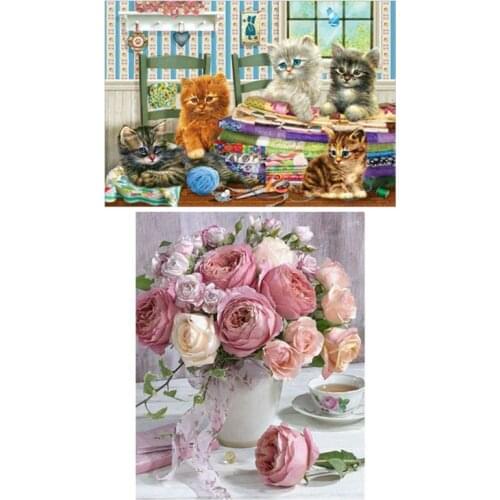 Diy Round Drill Diamond Painting Cross Stitch Mosaics Full 100% Cover Embroidery"Coffee & Rose"Diamond Embroidery & Cat
