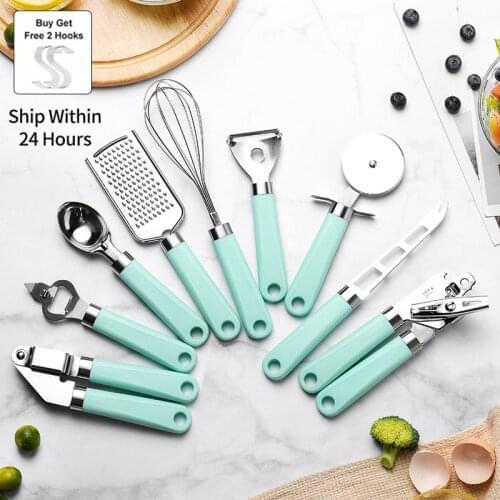 9 Piece Stainless Steel Baking Set Peeler Pizza Cheese Garlic Press Grater Bottle Opener Whisk Plastic Handle Kitchen Tool