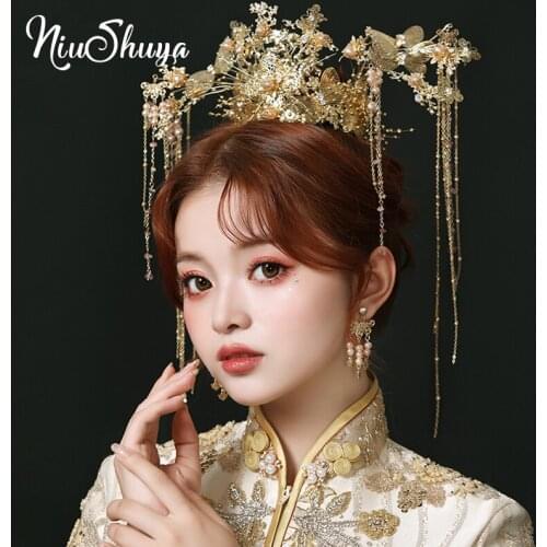 NiuShuya Luxury Chinese Bridal Headwear Crown with Earrings Costume Gold Butterfly Tassel Wedding Jewelry Hair Accessories