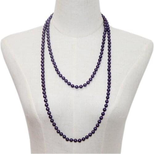New Elegant Long Chain Necklace for Women Simulated Pearl Beads Necklaces Purple Round Glass Shell Pearls Gift Jewelry 56" A969
