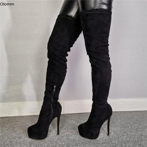 Olomm 2020 Women Platform Boots Thigh High Boots Stiletto High Heel Boots Round Toe Elegant Black Dress Shoes Women US Size 5-15