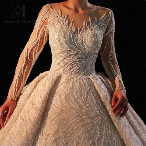 Robe mariage femme Long Sleeve Lace Appliques Pearls Wedding Dress