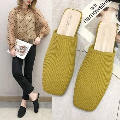 Summer 2020 New Elegant Women Yellow Black Knitted Slides Mules Mesh Breathable Flat Slippers Closed Toe Slides Party Shoes