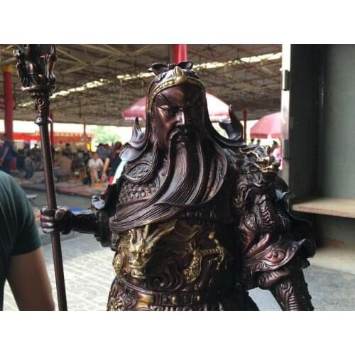 Tibetan Red Bronze Copper Nine Dragon Guan Gong Guan Yu warrior Buddha Statue about 50cm