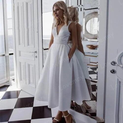 A-Line Ankle Length Short Wedding Dresses 2021 Satin Plus Size Country Lace Appliqued Bridal Gowns Vestidos Wedding Gowns