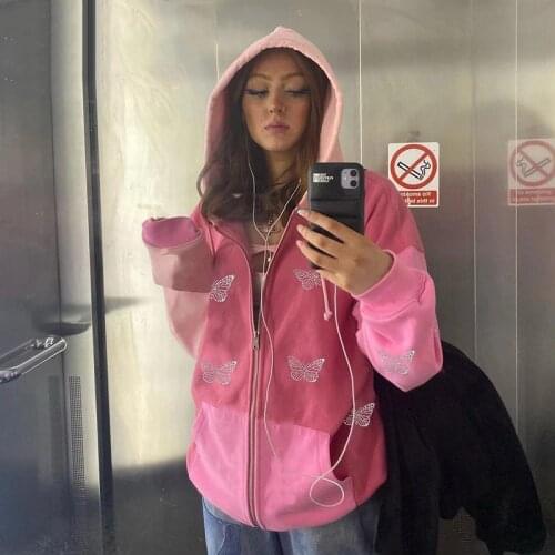 90s Streetwear Butterfly Print Rhinestone 2 Piece Tracksuits Y2K Fashion Oversized Zippper Hoodies Sweatpants Co-ord Set