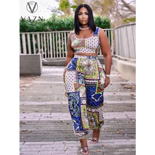 VAZN 2020 Special Print Casual Young Sexy High Street Soft Sleeveless Long Loose pants Women 2 Piece Set