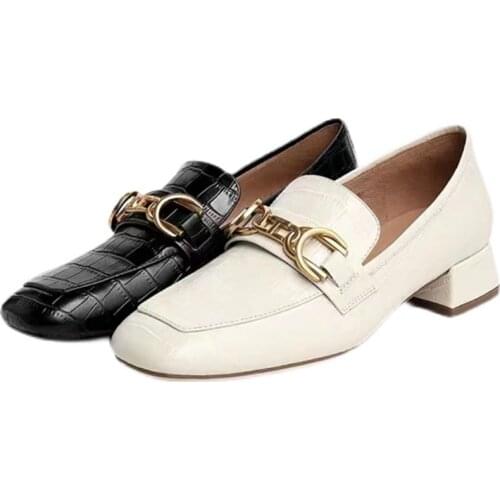 Spring Shoes Women Genuine Leather Cowhide Square High Heel Pure Copper Hardware Decoration Horse-bit Stone Pattern