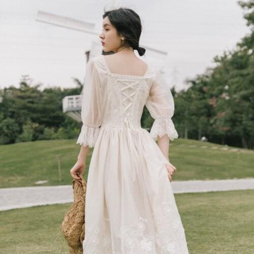 Vintage Cottage Style Square Collar Bandage Design Puff Mid-sleeve Mori Girl Fairy Princess Dress for Women Boho Long Midi Dress