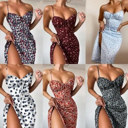 Vintage Floral Print Maxi Dresses Sexy V-neck Sling Long Dresses Sweet Laides Chic Maxi Dresses High Waist Split Dress 6 Colors