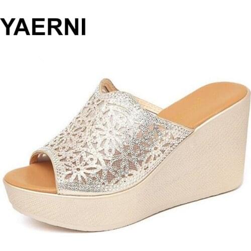 YAERNINew Plus Size Rhinestone Wild Cool Summer Shoes Women Sandals Slippers Non-slip High Heels Wedges Sandals Fashion Slippers