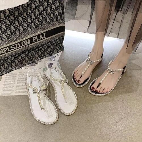 Yue Jabon 2021 Rhinestone Pearl Slip-on Zapatillas Mujer Beading Fringed Lady Flat Sandalias Clip-toe Fflip-flops Plus Size 43