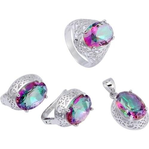 Eulonvan Cute 925 sterling silver women Engagement Wedding jewelry sets (ring/earring/pendant) Rainbow Cubic Zirconia S-3713set