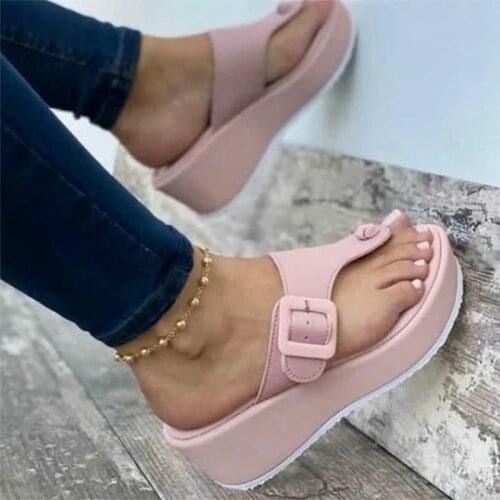 Women Buckle Slippers 2021 Summer Woman Platform Flip Flops Ladies Casual Wedges Female Comfort Beach Shoes Plus Size Womens