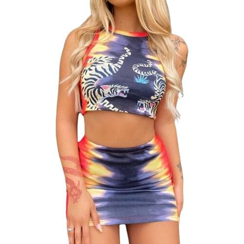 Women Sexy Vest and Skirt Suit Summer Tiger Pattern Cropped Tops and Gradient Color High-waist Tight Short Skirt Club 2021