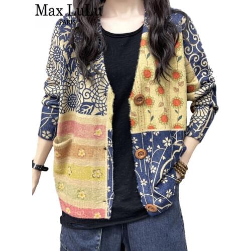 Max LuLu Korean Autumn Vintage Casual V-Neck Swaeter 2021 Womens Button Pockets Cardigans Ladies Flowers Loose Casual Clothes