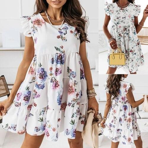 Floral Printed Women Dress Summer Ruffle Short Sleeve Round Neck Loose Ladies Mini Dress Fashion Casual Midi Sundress D30