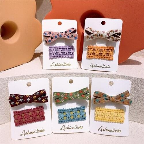 2 Pcs Vintage Ethnic Style Simple Embroidery Bow Duckbill Clip Headdress Fashion Girl Colorful Flower BB Clip Hair Accessories
