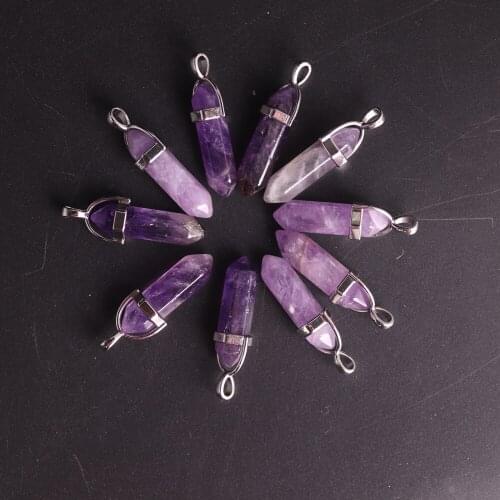 36pcs purple crystal natural gem stone quartz amethysts bullet hexagonal Prism point pendants necklace charm Jewelry making Free