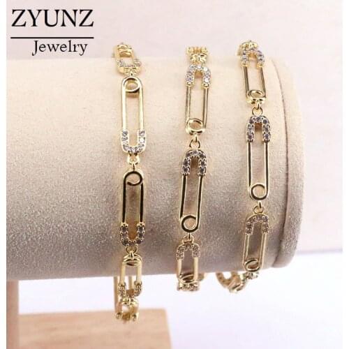 4PCS, Safety Pin Link Chain Bracelet Cubic Zirconia Pin Bracelet Minimalism Women Fashion Party Jewelry
