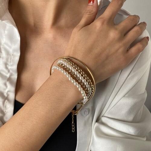 5 Pcs/Set Bracelet Personality Beaded Pearl Multi-layer Chain OT Buckle Bracelet Set for Women New Gift Fashion Punk Style