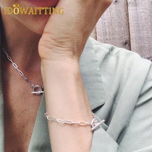 100% 925 Sterling Silver Simple Paper Clip Chain Jewelry Set Gold Color Classic Toggle Clasp Open Link Chain Necklace Jewelry