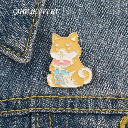 QIHE JEWELRY Cartoon Pet dog Brooches Pins Drink milk tea Cute Hard Enamel Metal Pins Denim Clothes Badges children Gifts Pins
