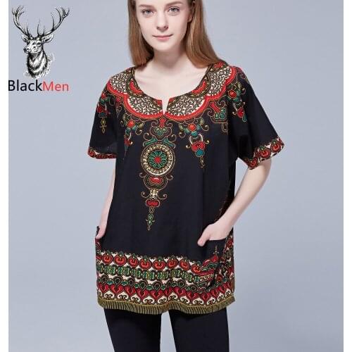 African Dashiki Print Top t-shirt Cotton Tribal Hip hopa Boho Tops Unisex Black Ethnic Vintage Tribal