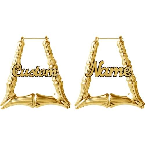 Name Earrings Customized Stainless Steel Bamboo Hoop Earrings Triangle Name Earrings Hoops For Women Personalized Jewelry