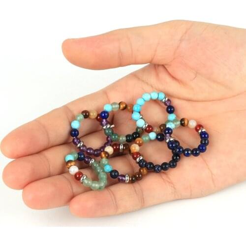 Women Men 4mm Natural Stone 7 Chakras Beads Ring Tiger Eye Amethysts Turquoises Joint Ring Adjustable Yogo Reiki Rings Jewelry