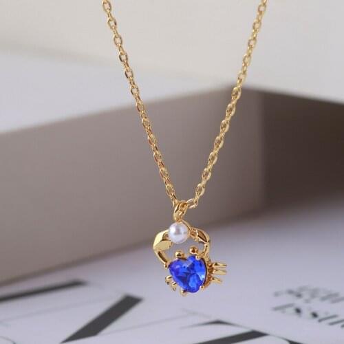 Small fresh Sen three-dimensional small crab shape inlaid with blue love water drill girl heart necklace collarbone chain girl