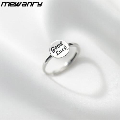 Mewanry 925 Sterling Silver Rings Round Good Luck English Letters for Women Vintage Simple Creative Party Jewelry Birthday Gift