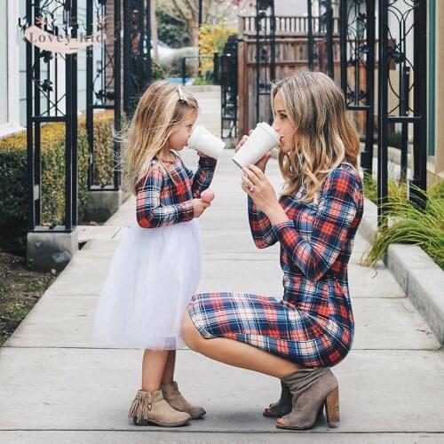 2020 Autumn Family Matching Dress Mother Daughter Matching Fashion INS Plaid Long Sleeve Dresses Romper Kids Clothes Girls