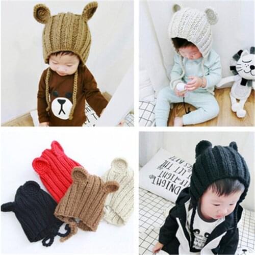 2019 Fall Winter Casual Cartoon Bear Ear Warm Kids Children Skullies Beanies Elastic Hat Cap Boy Girl Fashion Accessories-QNC