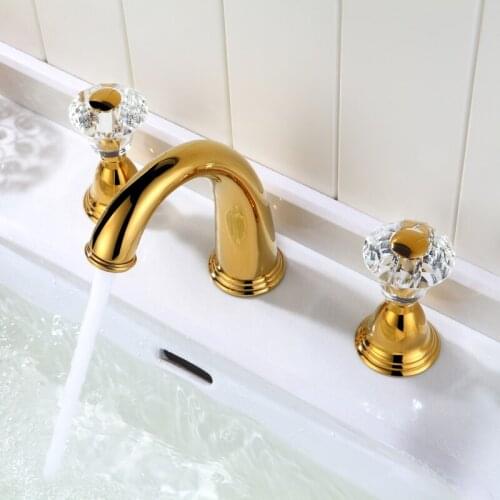 Luxury gold solid brass crystal bathroom sink faucet European style art Double handle three holes basin mixer faucet,Golden