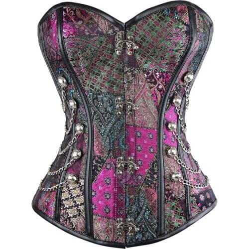 Faux Leather Corset Sexy Purple Rivet Steampunk Corset Overbust Lace Up With Chains Vest Corset Corselet Espartilhos for Women