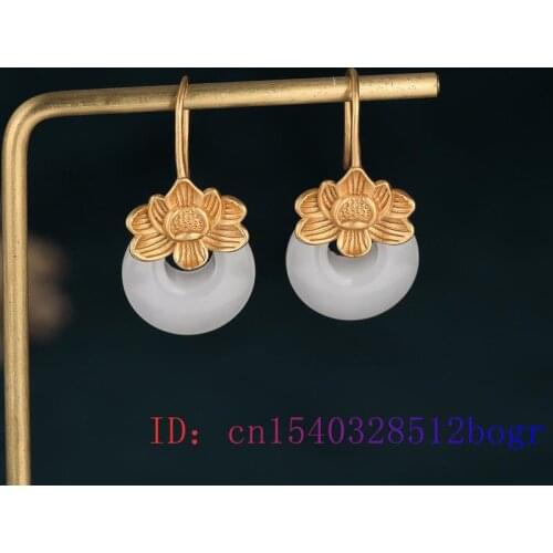 White Jade Lotus Earrings Gifts Fashion Jewelry 925 Silver Charm Zircon Chalcedony Women Amulet Natural Crystal Gemstone