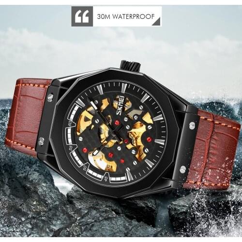 SKMEI 9248 Metal Tourbillon Automatic Watch Punk Luminous Pointer Genuine Leather Strap Skeleton Mechanical Watch For Men Gift