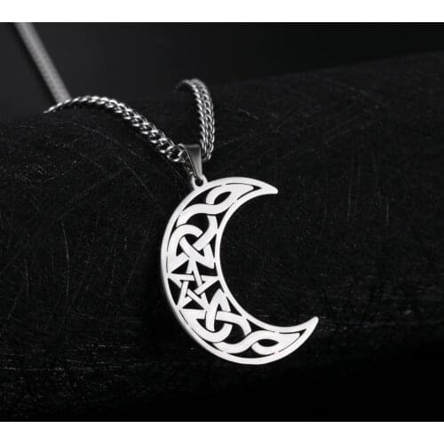 Teamer Viking Celtics Knot Moon Pendant Necklace Men Women Choker Stainless Steel Vintage Gothic Wicca Witchcraft Amulet Jewelry